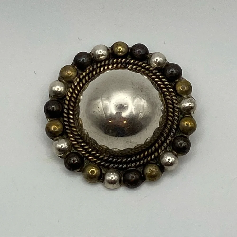 Vintage Taxco Mexico Sterling Textural Copper Bronze Dome Statement Brooch